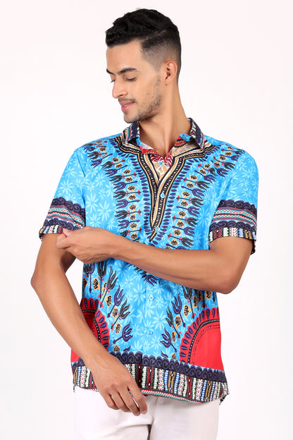 Camisa de Hombre Afrocaribeño Azul Turquesa de Botones HS402