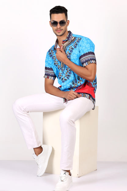 Camisa de Hombre Afrocaribeño Azul Turquesa de Botones HS402