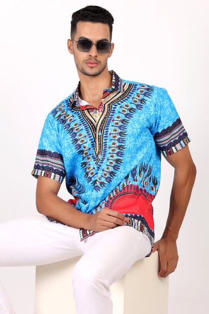 Camisa de Hombre Afrocaribeño Azul Turquesa de Botones HS402