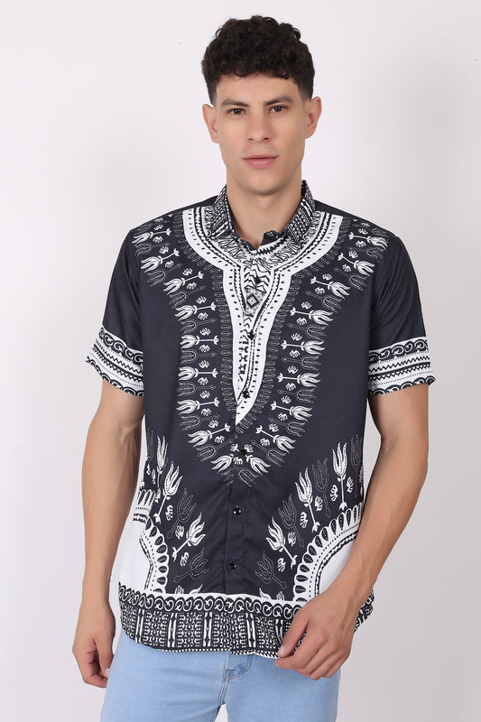 Camisa de Hombre Afrocaribeño Negro de Botones HS402