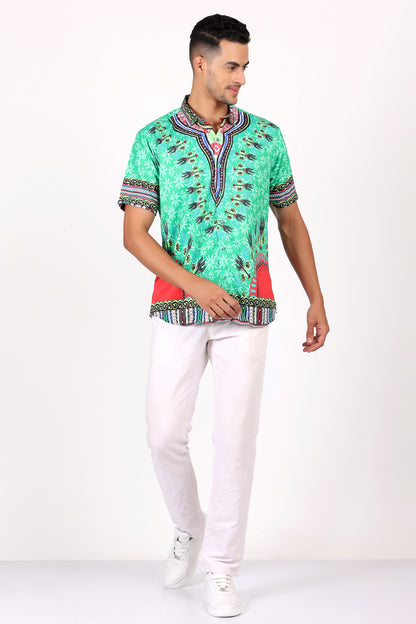 Camisa de Hombre Afrocaribeño Verde de Botones HS402