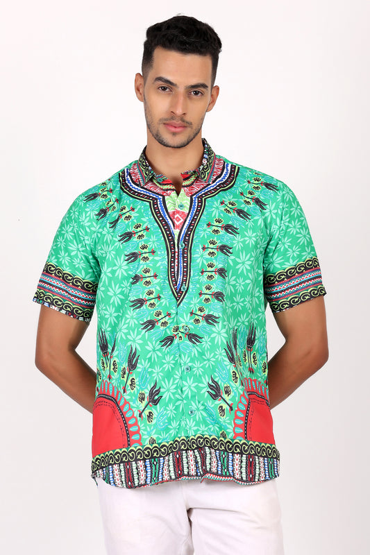 Camisa de Hombre Afrocaribeño Verde de Botones HS402