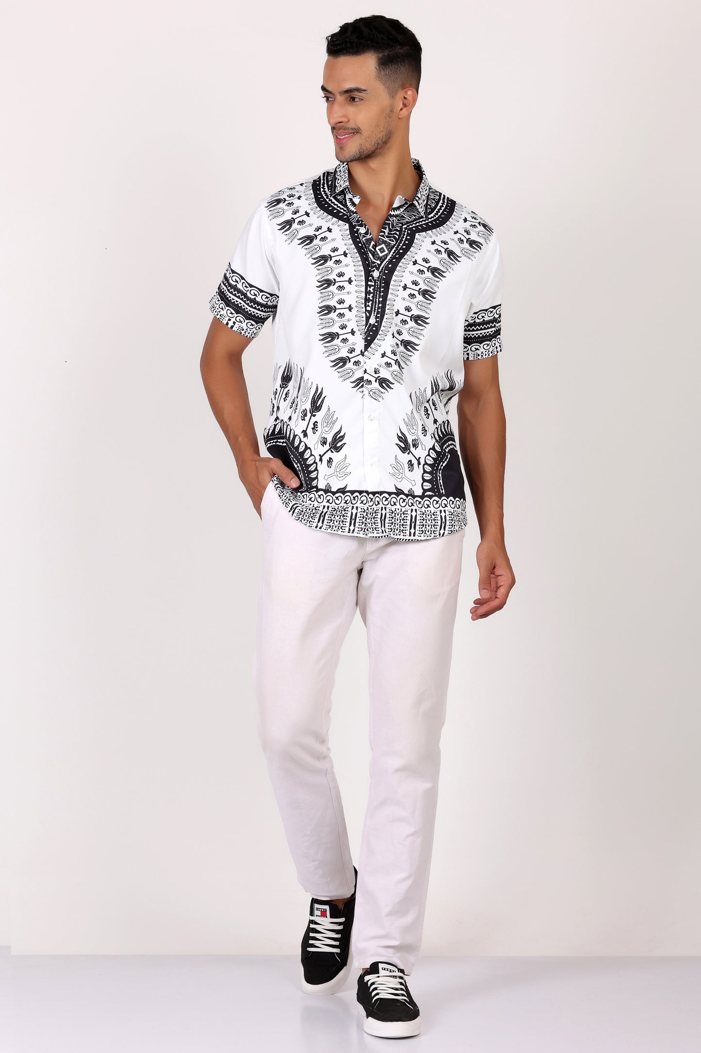 Camisa de Hombre Afrocaribeño Blanco de Botones HS402