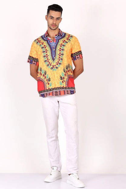 Camisa de Hombre Afrocaribeño Amarillo de Botones HS402