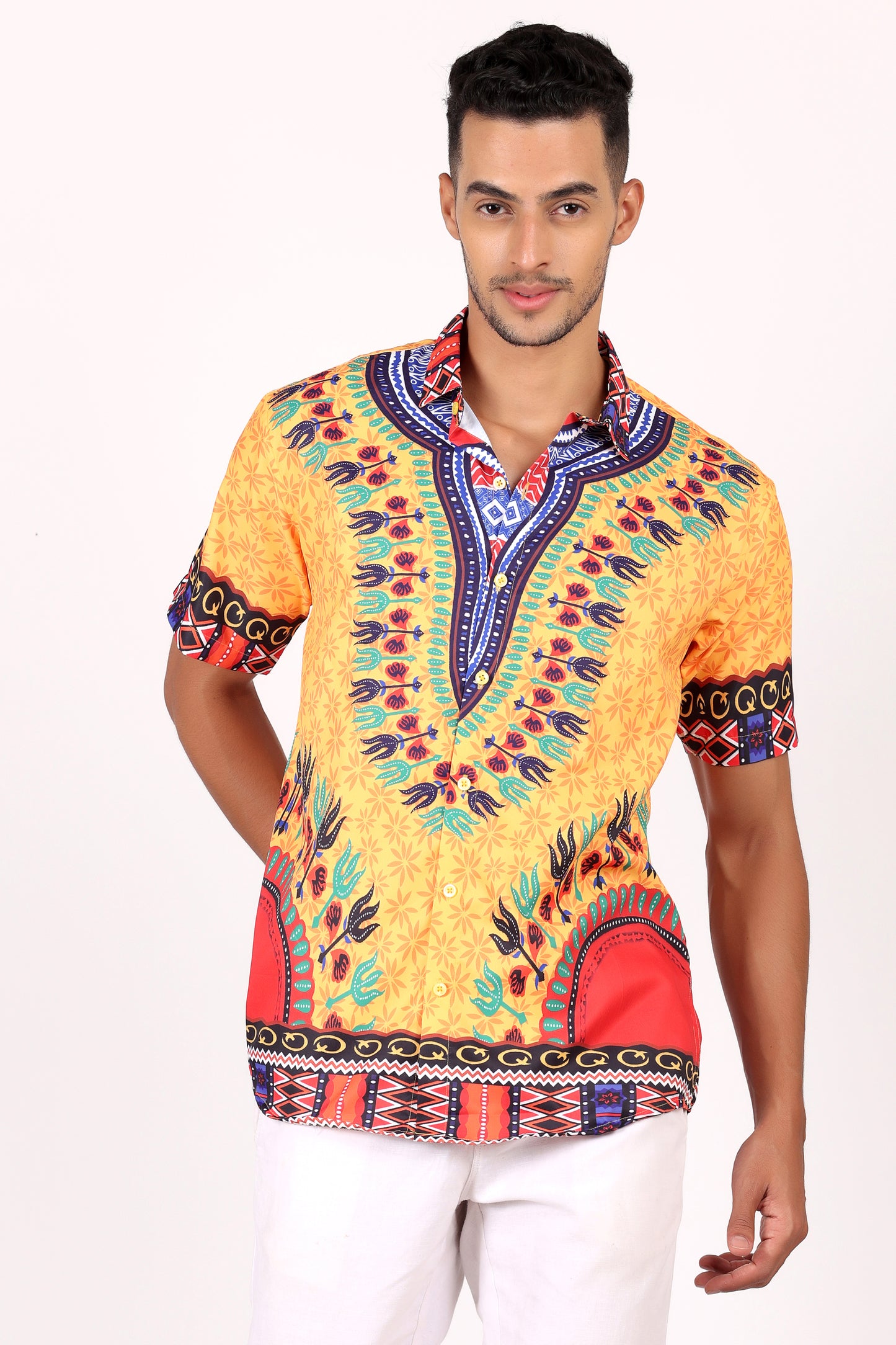 Camisa de Hombre Afrocaribeño Amarillo de Botones HS402