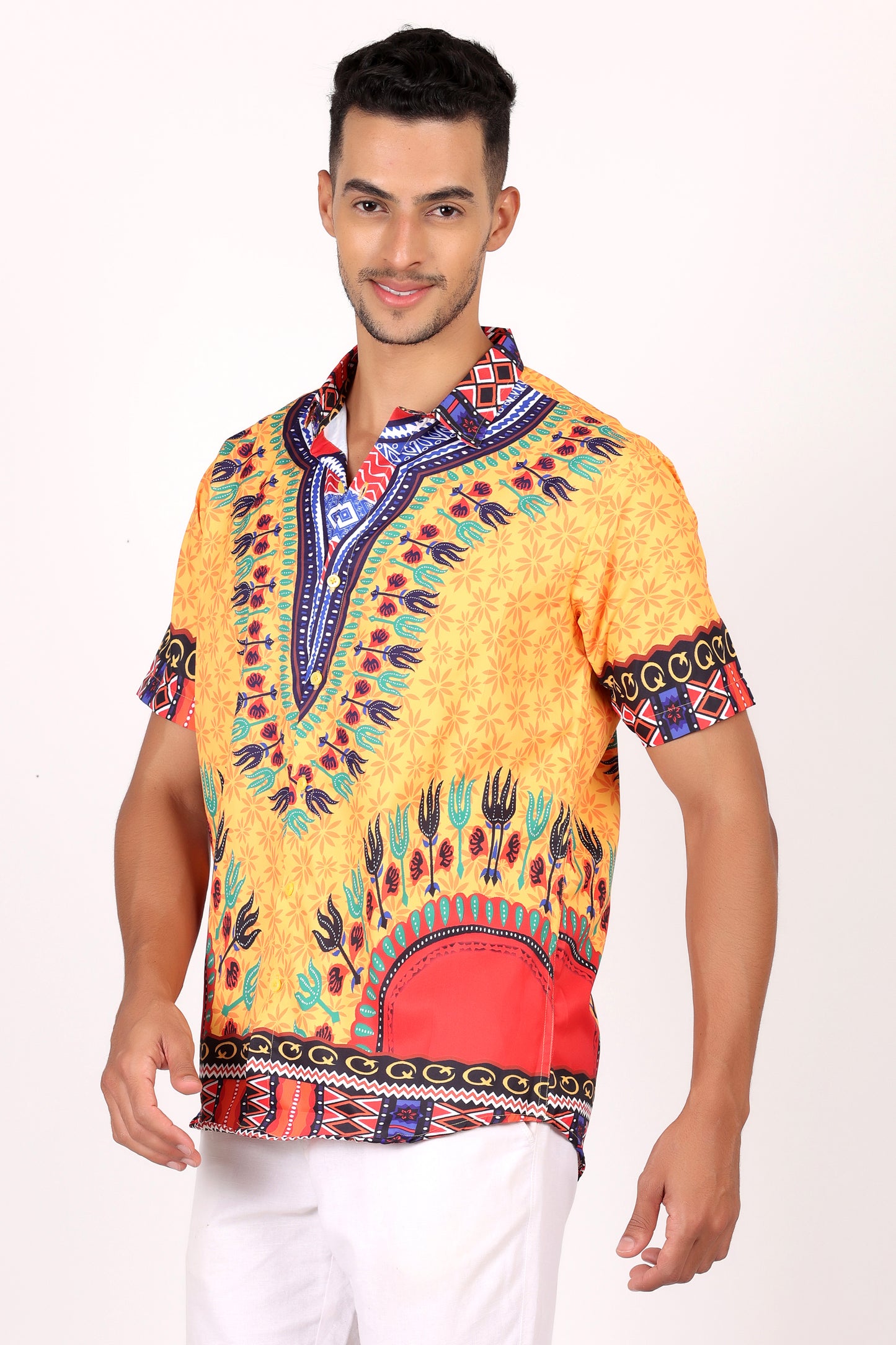 Camisa de Hombre Afrocaribeño Amarillo de Botones HS402