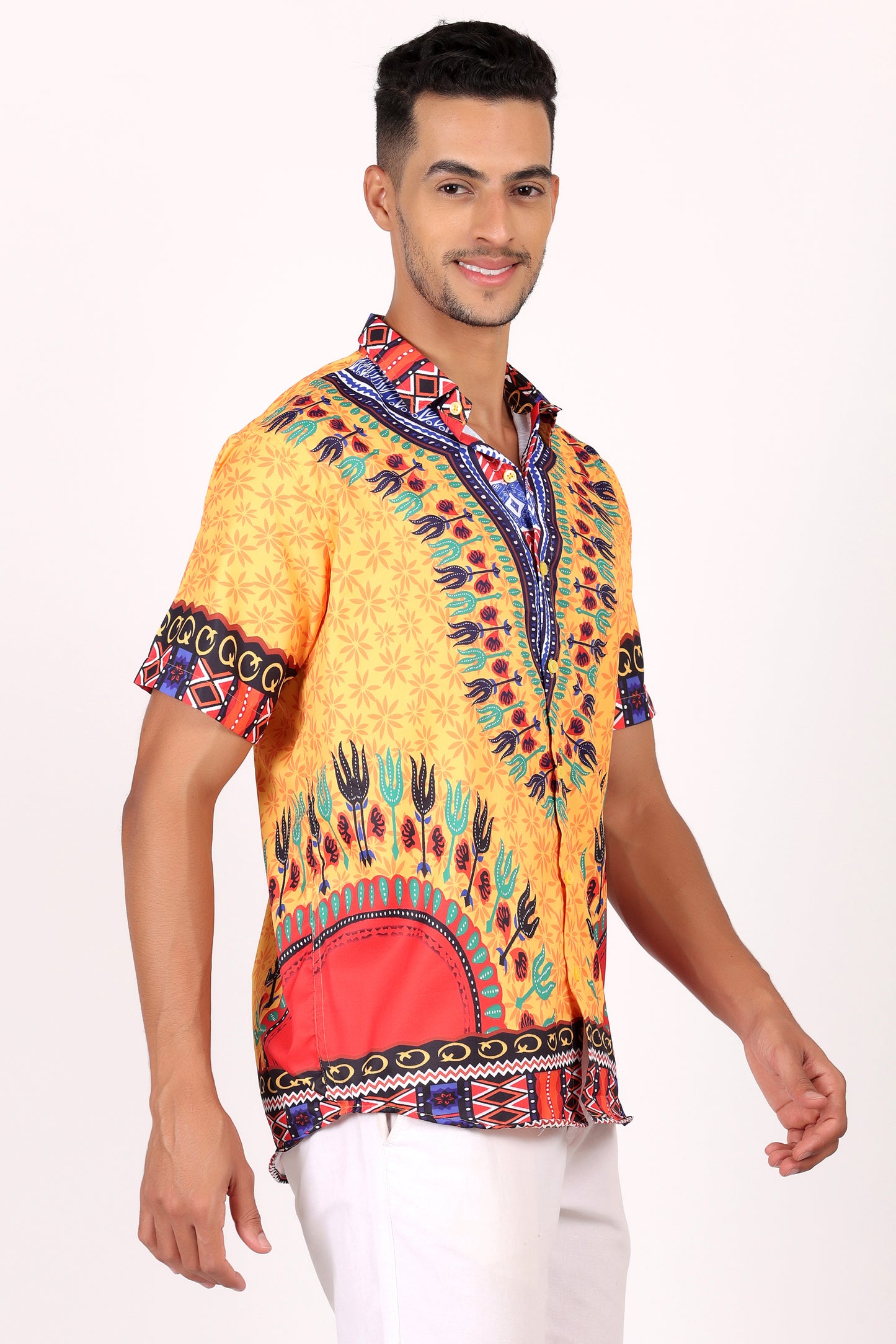 Camisa de Hombre Afrocaribeño Amarillo de Botones HS402