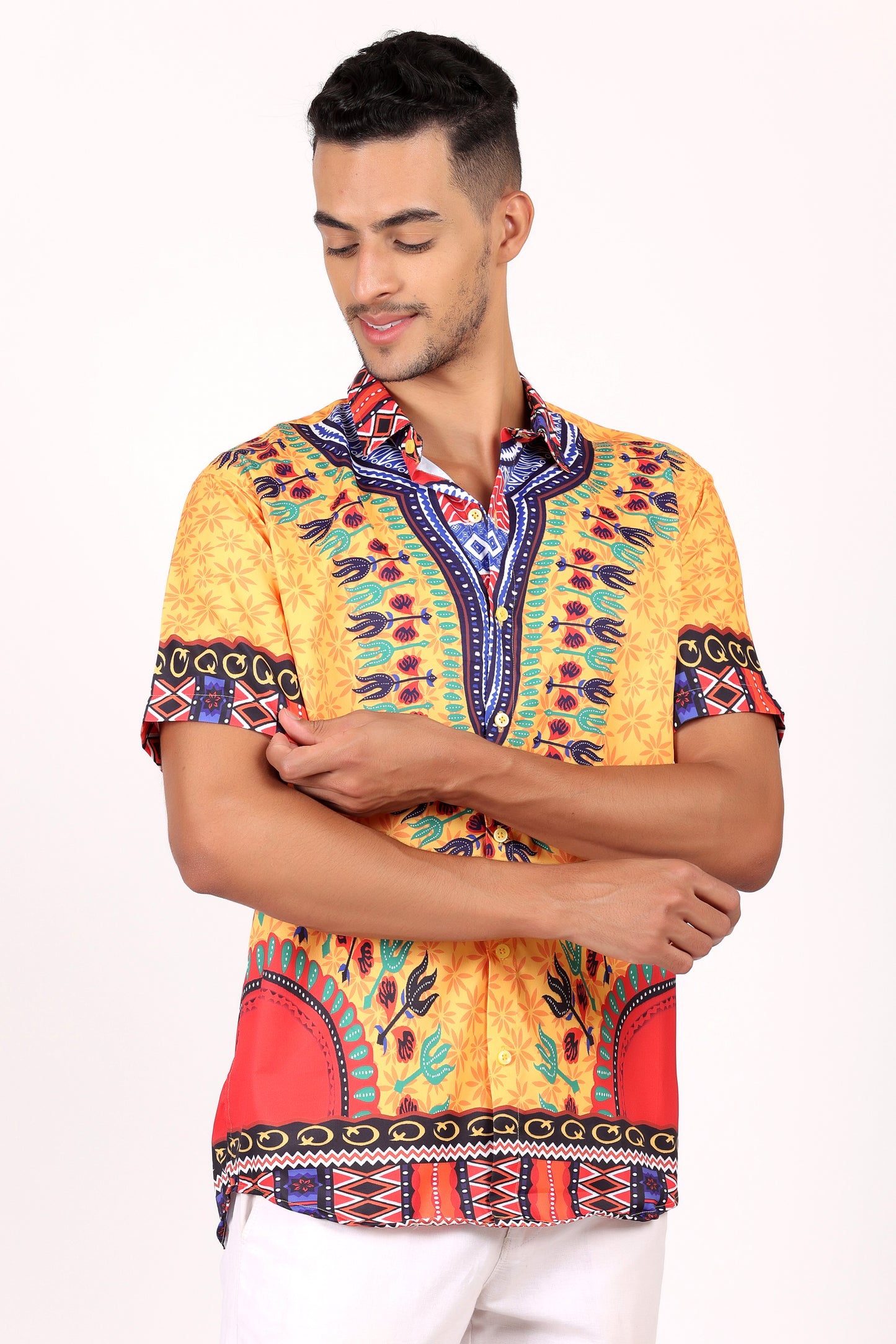 Camisa de Hombre Afrocaribeño Amarillo de Botones HS402