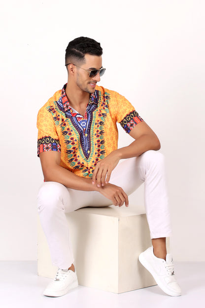 Camisa de Hombre Afrocaribeño Amarillo de Botones HS402