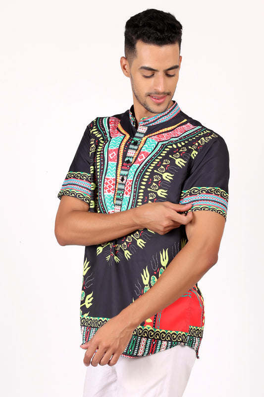 Camisa de Hombre Afrocaribeño Negro de Botones Cuello Chino HS405