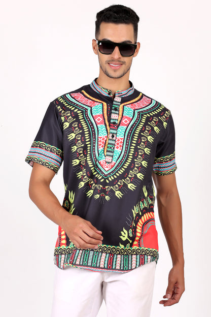 Camisa de Hombre Afrocaribeño Negro de Botones Cuello Chino HS405