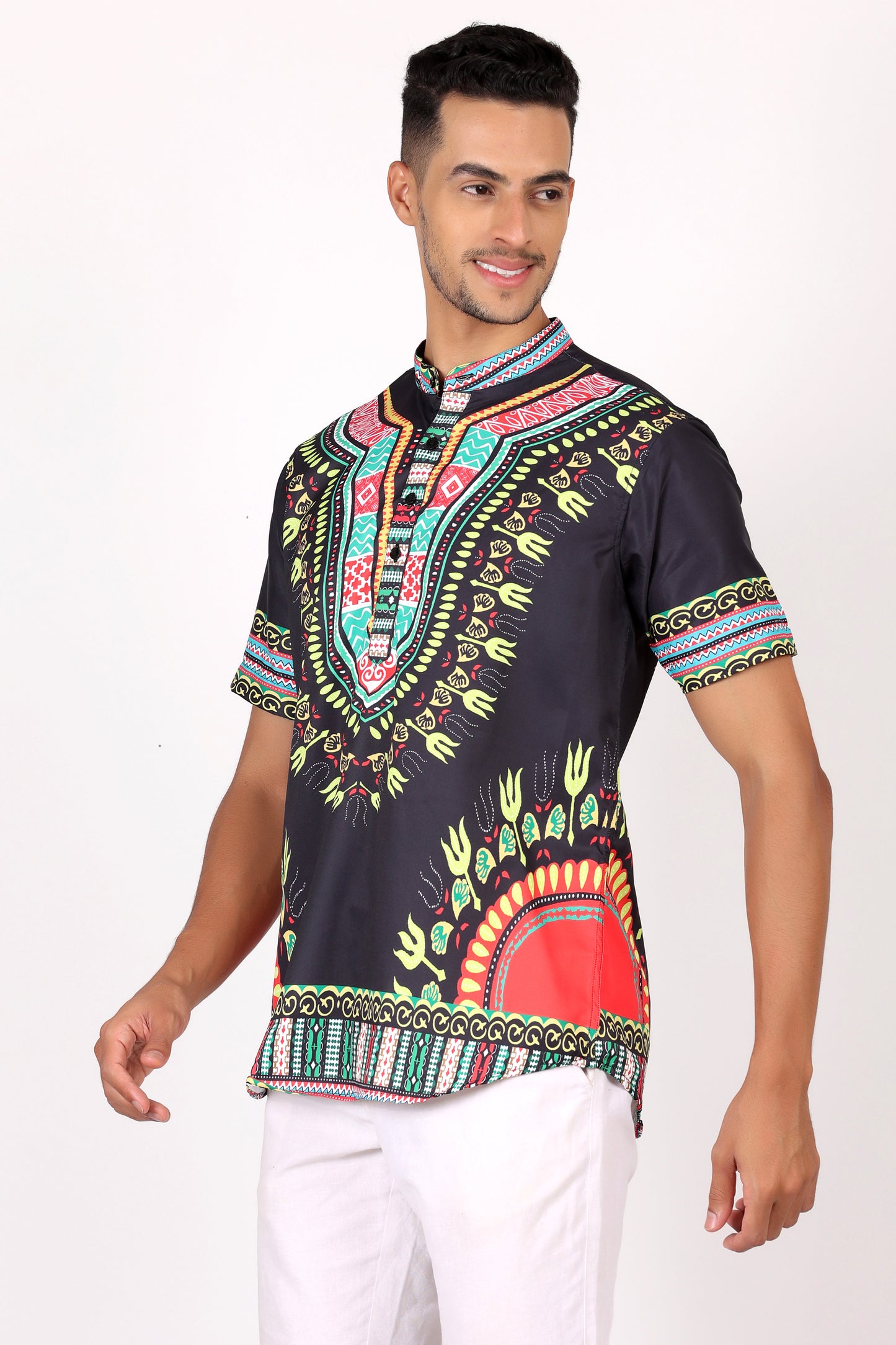 Camisa de Hombre Afrocaribeño Negro de Botones Cuello Chino HS405