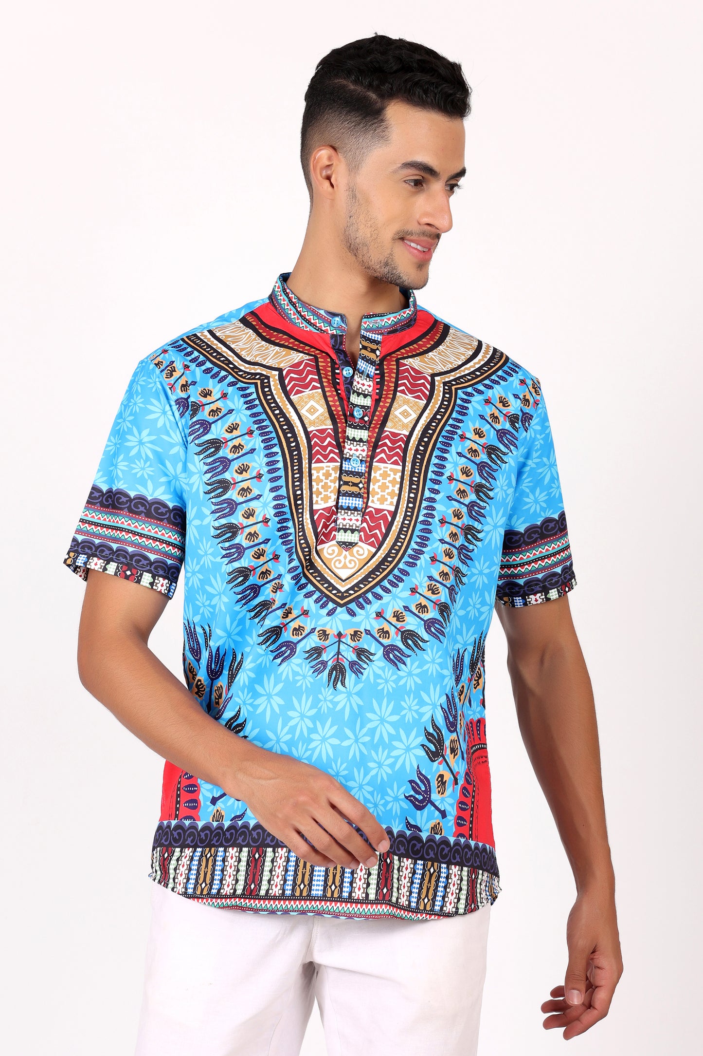 Camisa de Hombre Afrocaribeño Azul Turquesa de Botones Cuello Chino HS405