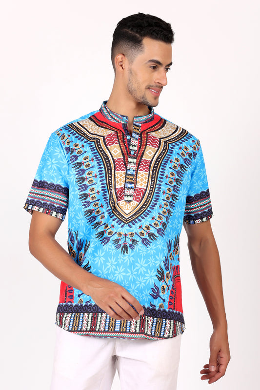 Camisa de Hombre Afrocaribeño Azul Turquesa de Botones Cuello Chino HS405