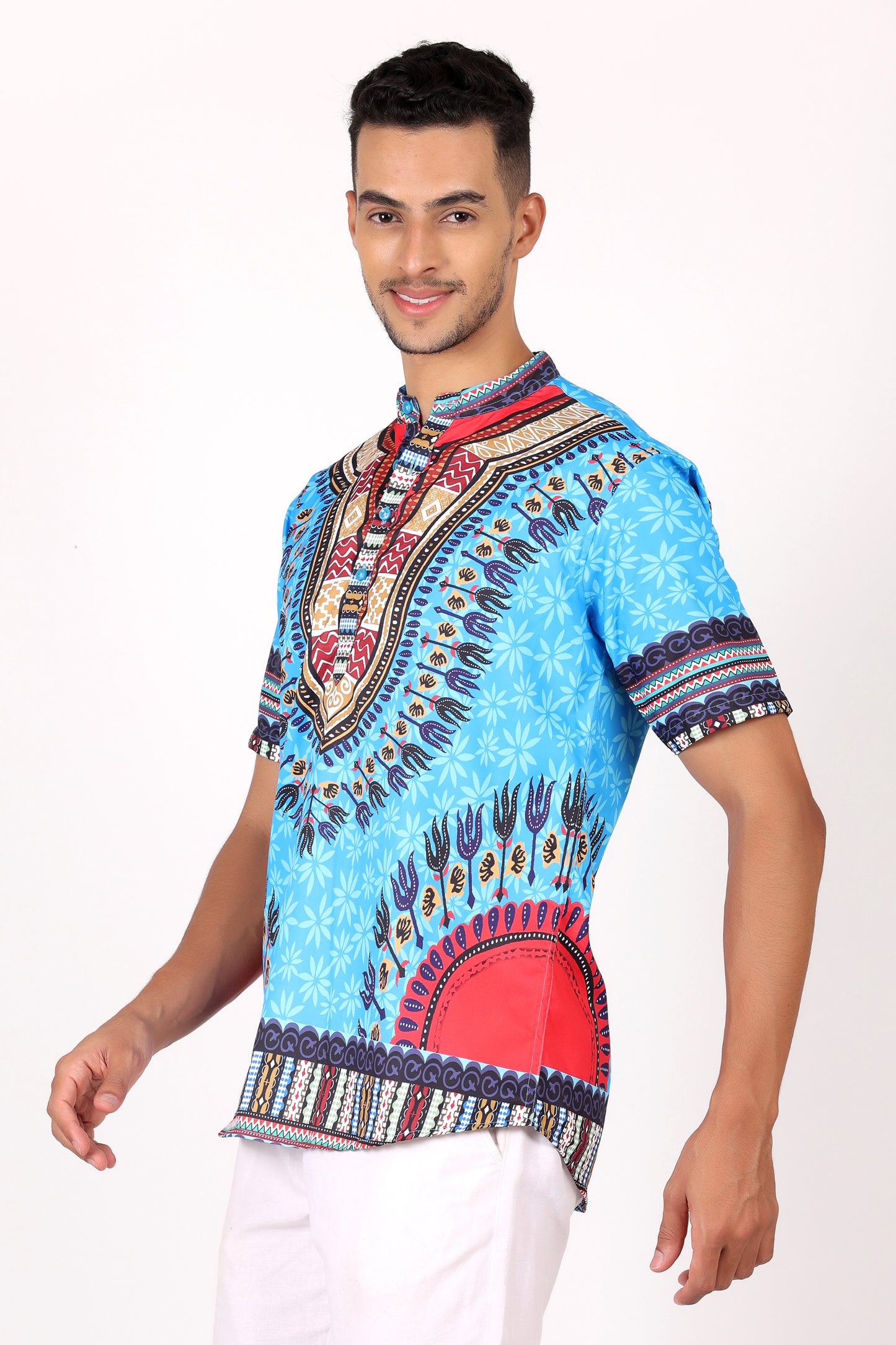 Camisa de Hombre Afrocaribeño Azul Turquesa de Botones Cuello Chino HS405