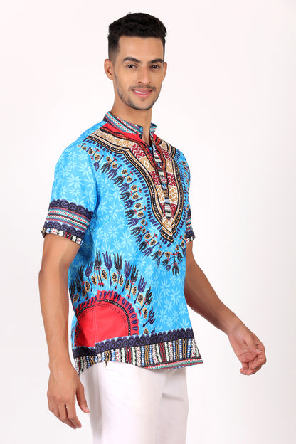 Camisa de Hombre Afrocaribeño Azul Turquesa de Botones Cuello Chino HS405