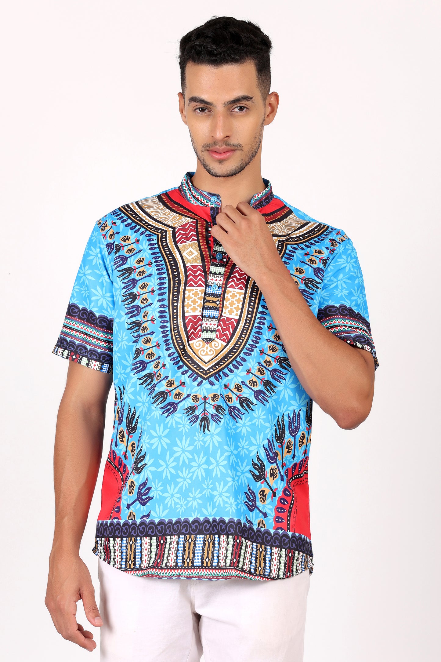 Camisa de Hombre Afrocaribeño Azul Turquesa de Botones Cuello Chino HS405