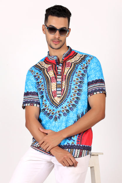 Camisa de Hombre Afrocaribeño Azul Turquesa de Botones Cuello Chino HS405