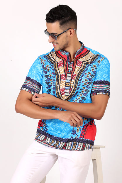 Camisa de Hombre Afrocaribeño Azul Turquesa de Botones Cuello Chino HS405