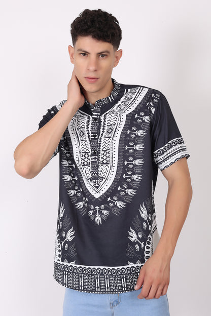 Camisa de Hombre Afrocaribeño Negro con Blanco de Botones Cuello Chino HS405