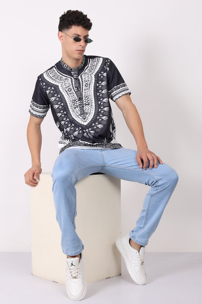 Camisa de Hombre Afrocaribeño Negro con Blanco de Botones Cuello Chino HS405