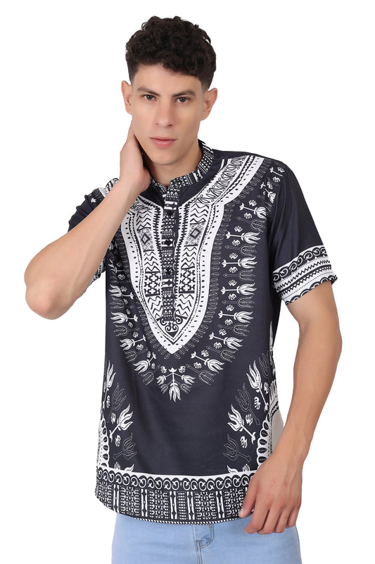 Camisa de Hombre Afrocaribeño Negro con Blanco de Botones Cuello Chino HS405