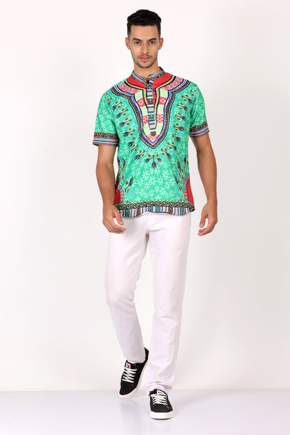 Camisa de Hombre Afrocaribeño Verde de Botones Cuello Chino HS405