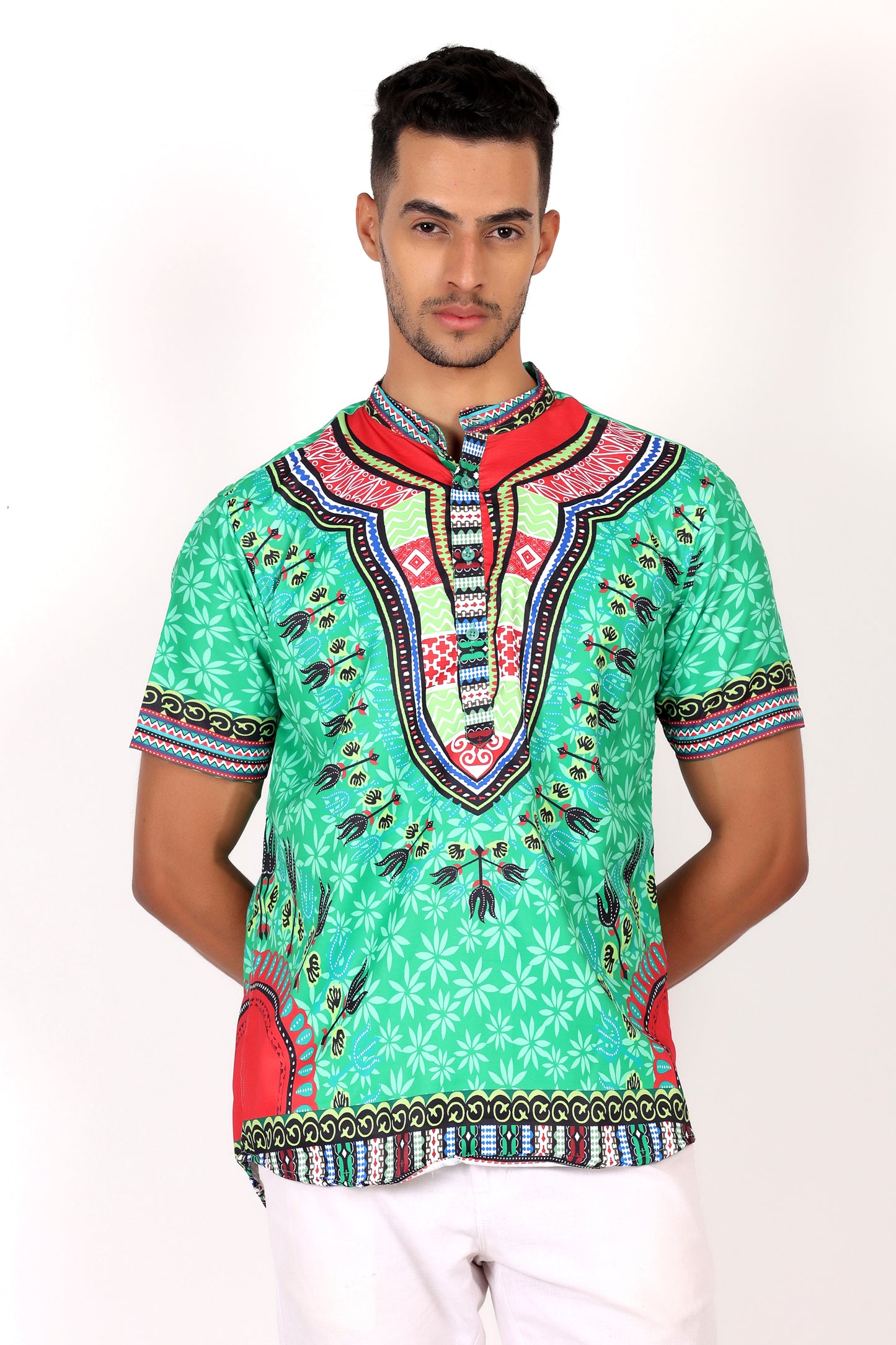 Camisa de Hombre Afrocaribeño Verde de Botones Cuello Chino HS405