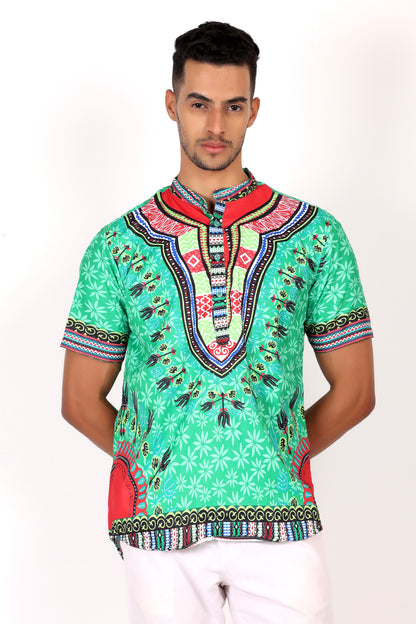 Camisa de Hombre Afrocaribeño Verde de Botones Cuello Chino HS405