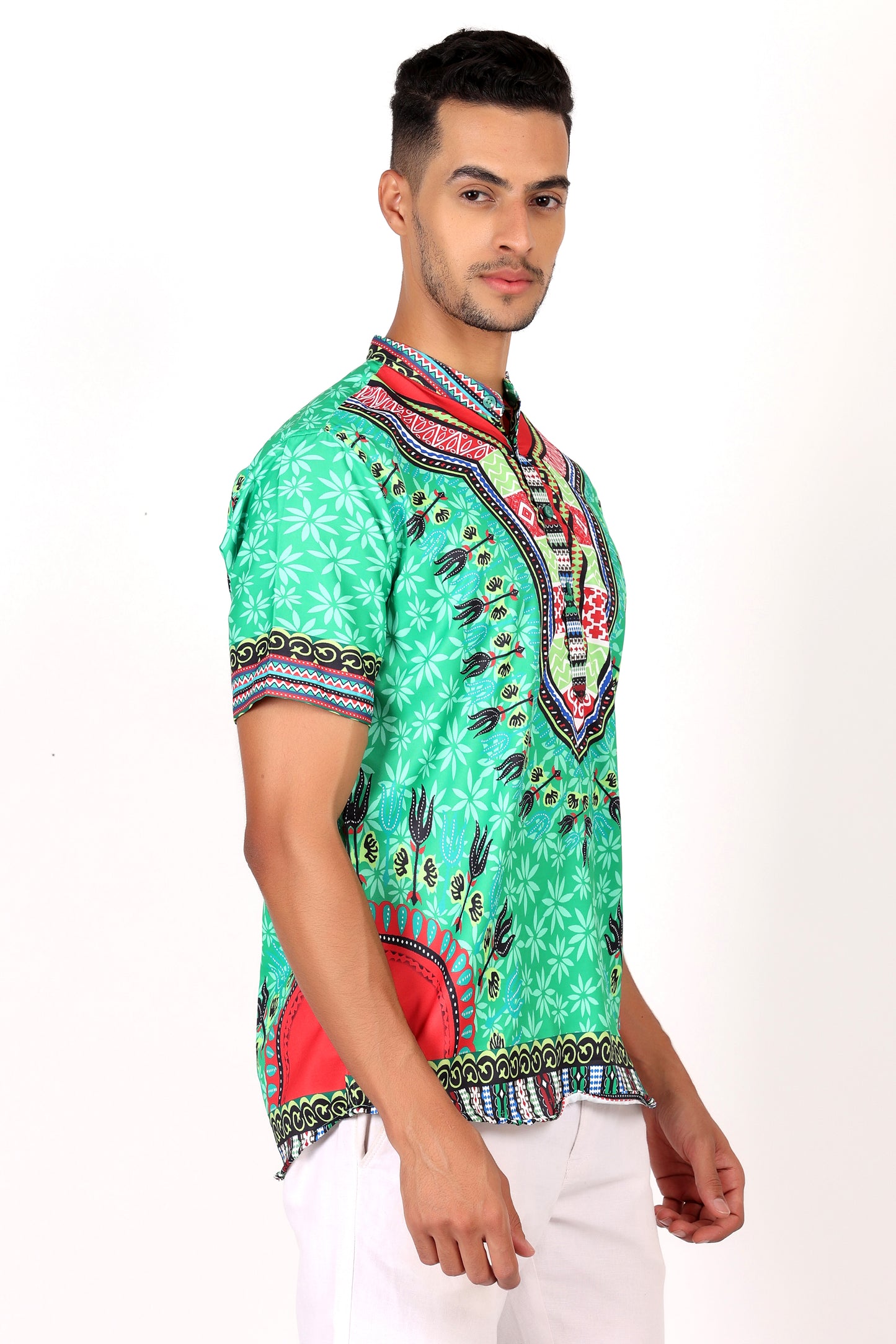 Camisa de Hombre Afrocaribeño Verde de Botones Cuello Chino HS405