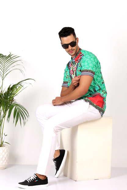 Camisa de Hombre Afrocaribeño Verde de Botones Cuello Chino HS405