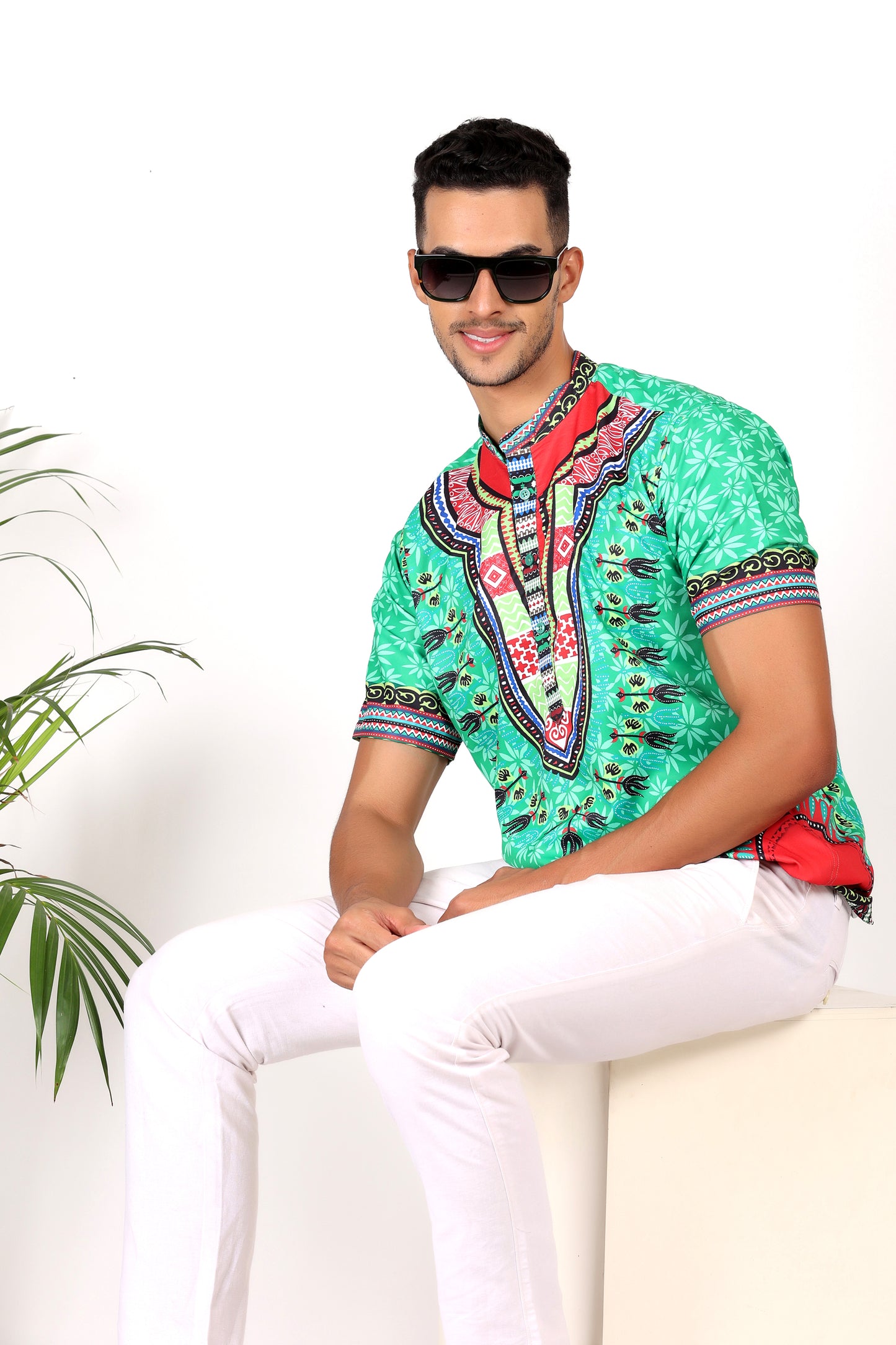 Camisa de Hombre Afrocaribeño Verde de Botones Cuello Chino HS405