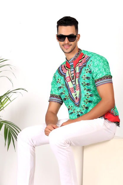 Camisa de Hombre Afrocaribeño Verde de Botones Cuello Chino HS405