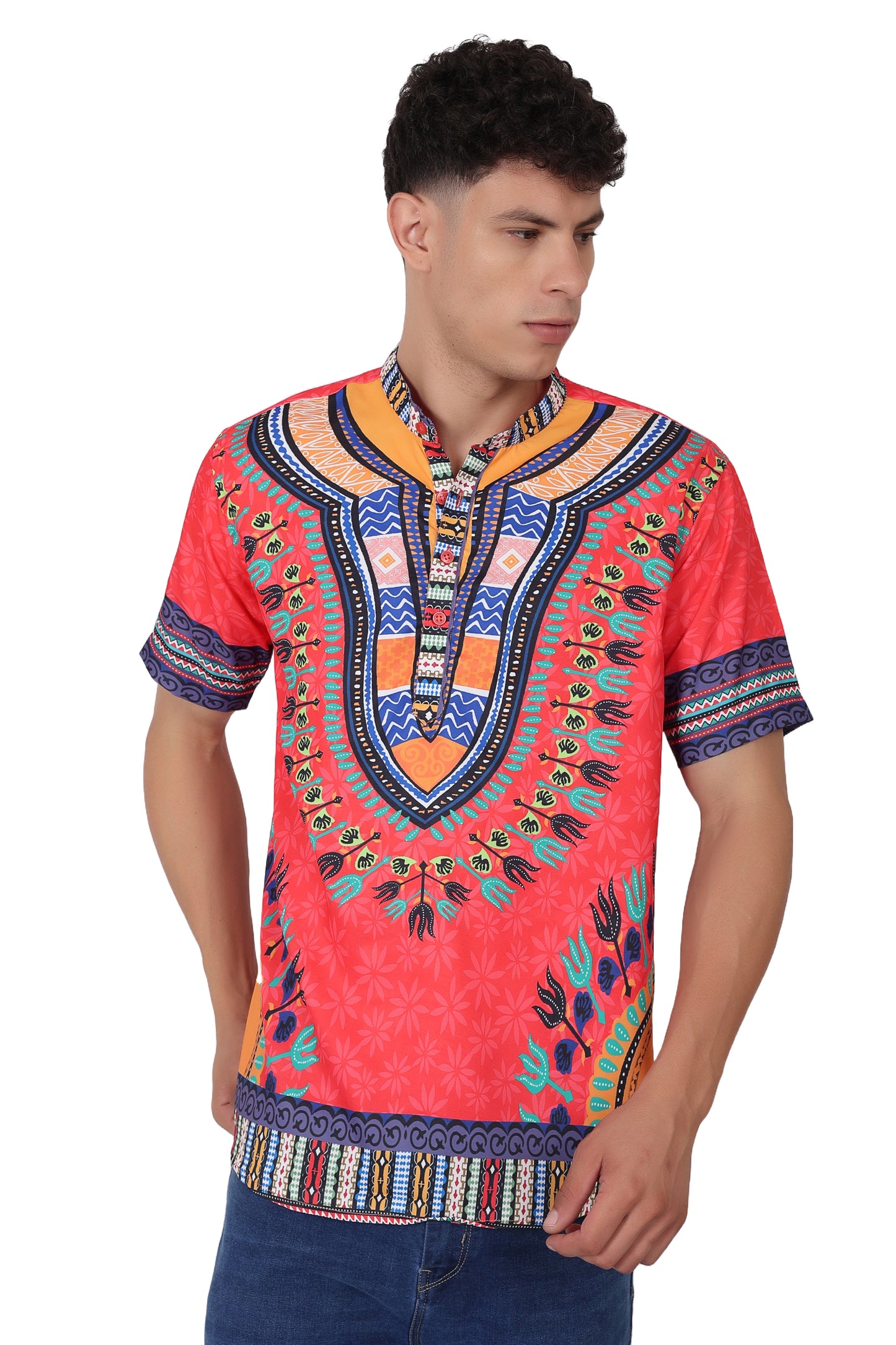 Camisa de Hombre Afrocaribeño Rojo de Botones Cuello Chino HS405