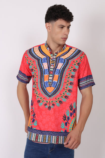 Camisa de Hombre Afrocaribeño Rojo de Botones Cuello Chino HS405