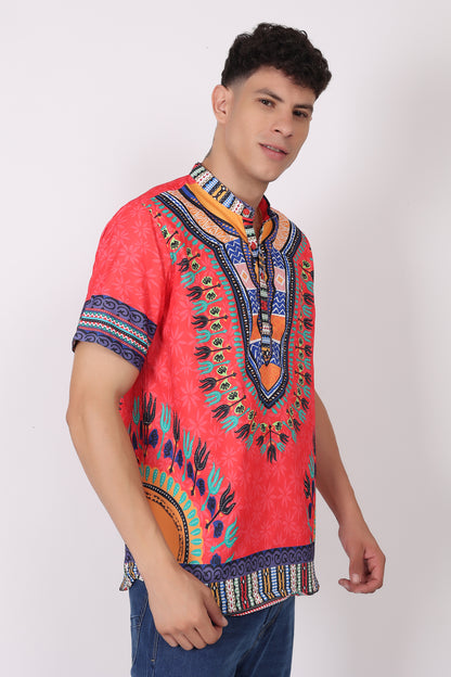 Camisa de Hombre Afrocaribeño Rojo de Botones Cuello Chino HS405