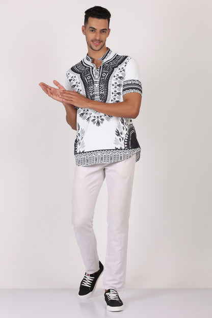 Camisa de Hombre Afrocaribeño Blanco de Botones Cuello Chino HS405