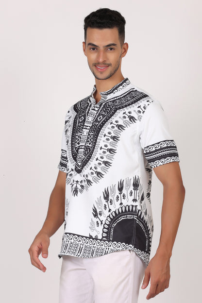 Camisa de Hombre Afrocaribeño Blanco de Botones Cuello Chino HS405