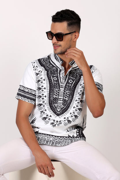 Camisa de Hombre Afrocaribeño Blanco de Botones Cuello Chino HS405