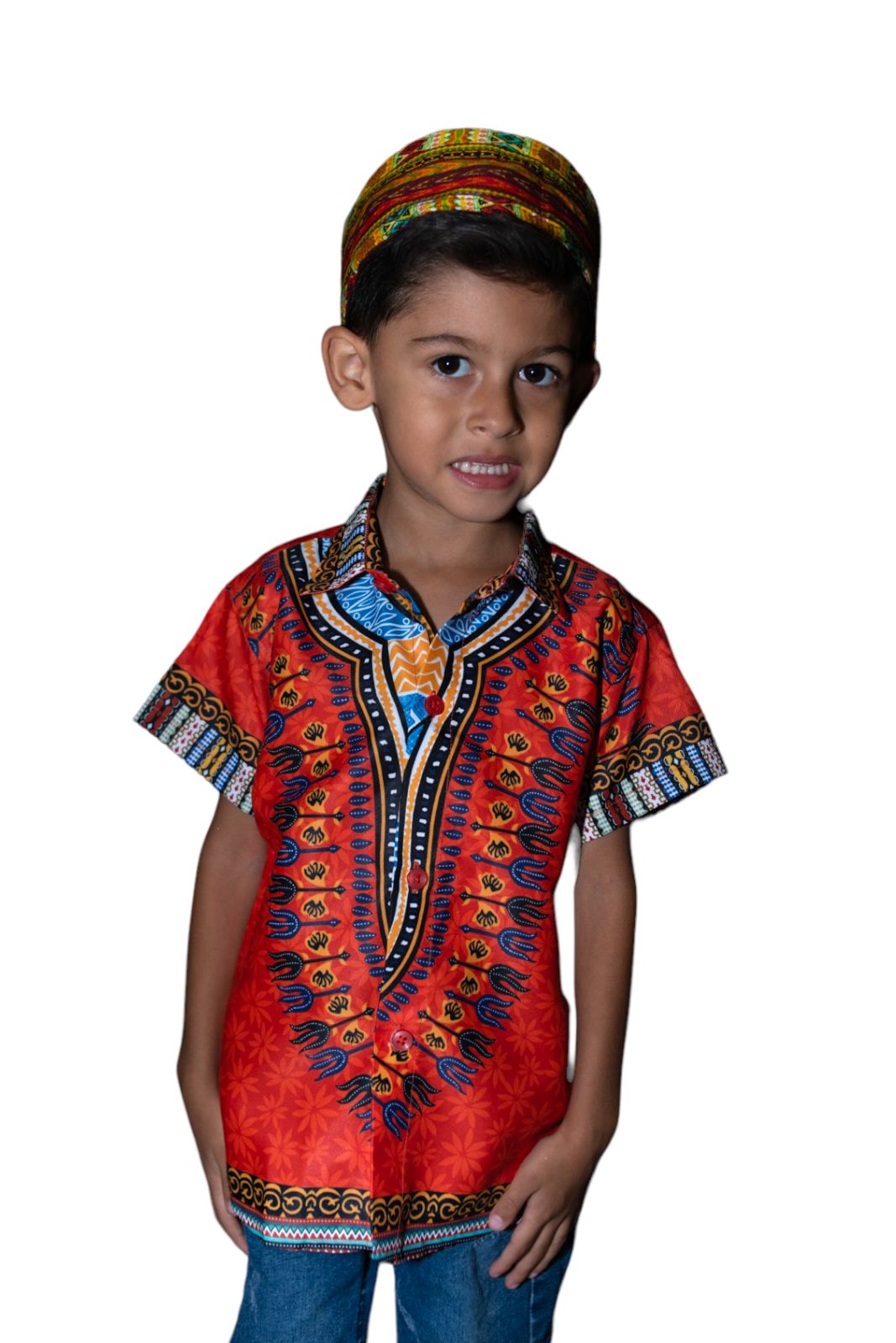 Oferta Combo Camisa de Botones Afrodescendiente Naranja de Niño + Sombrero (Kufi) Combinado