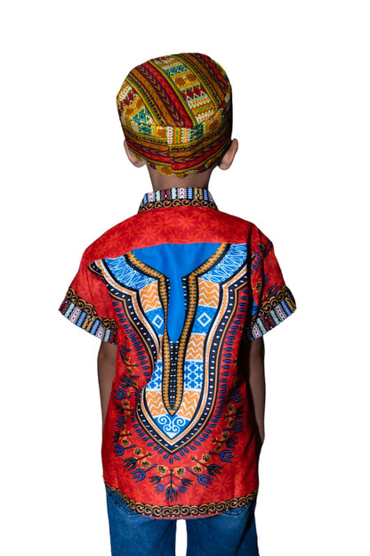 Oferta Combo Camisa de Botones Afrodescendiente Naranja de Niño + Sombrero (Kufi) Combinado