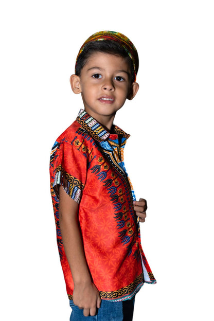 Oferta Combo Camisa de Botones Afrodescendiente Naranja de Niño + Sombrero (Kufi) Combinado