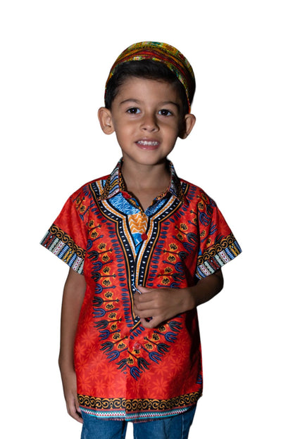 Oferta Combo Camisa de Botones Afrodescendiente Naranja de Niño + Sombrero (Kufi) Combinado