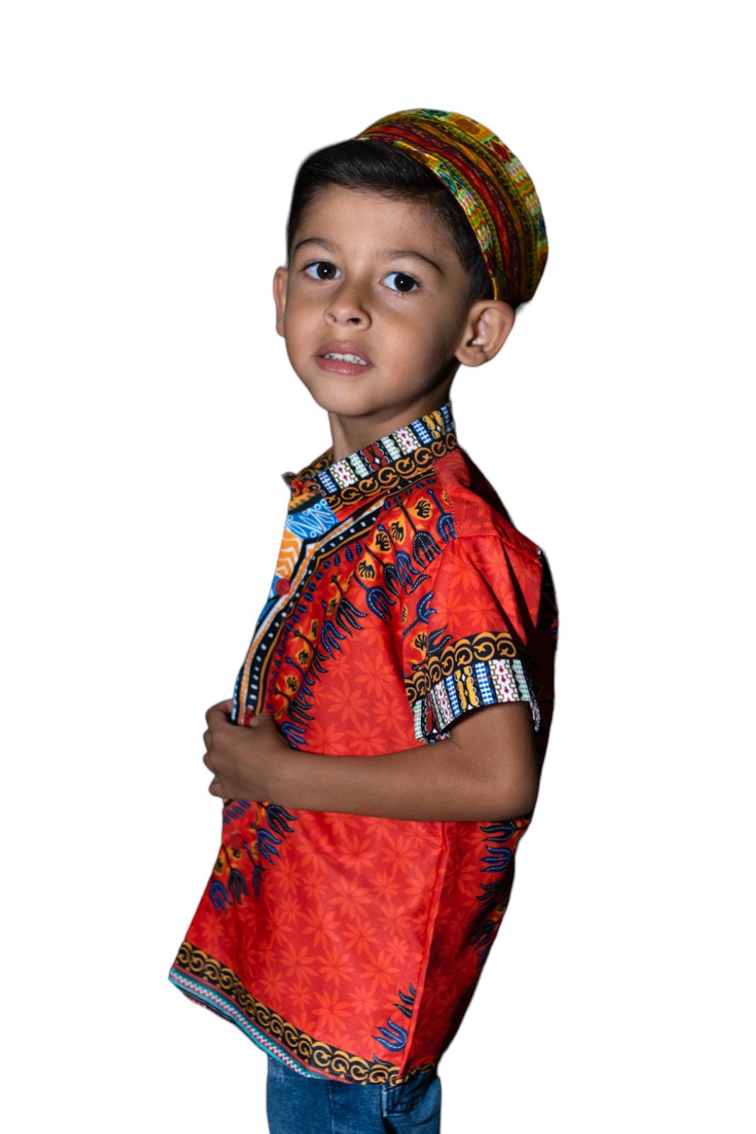 Oferta Combo Camisa de Botones Afrodescendiente Naranja de Niño + Sombrero (Kufi) Combinado