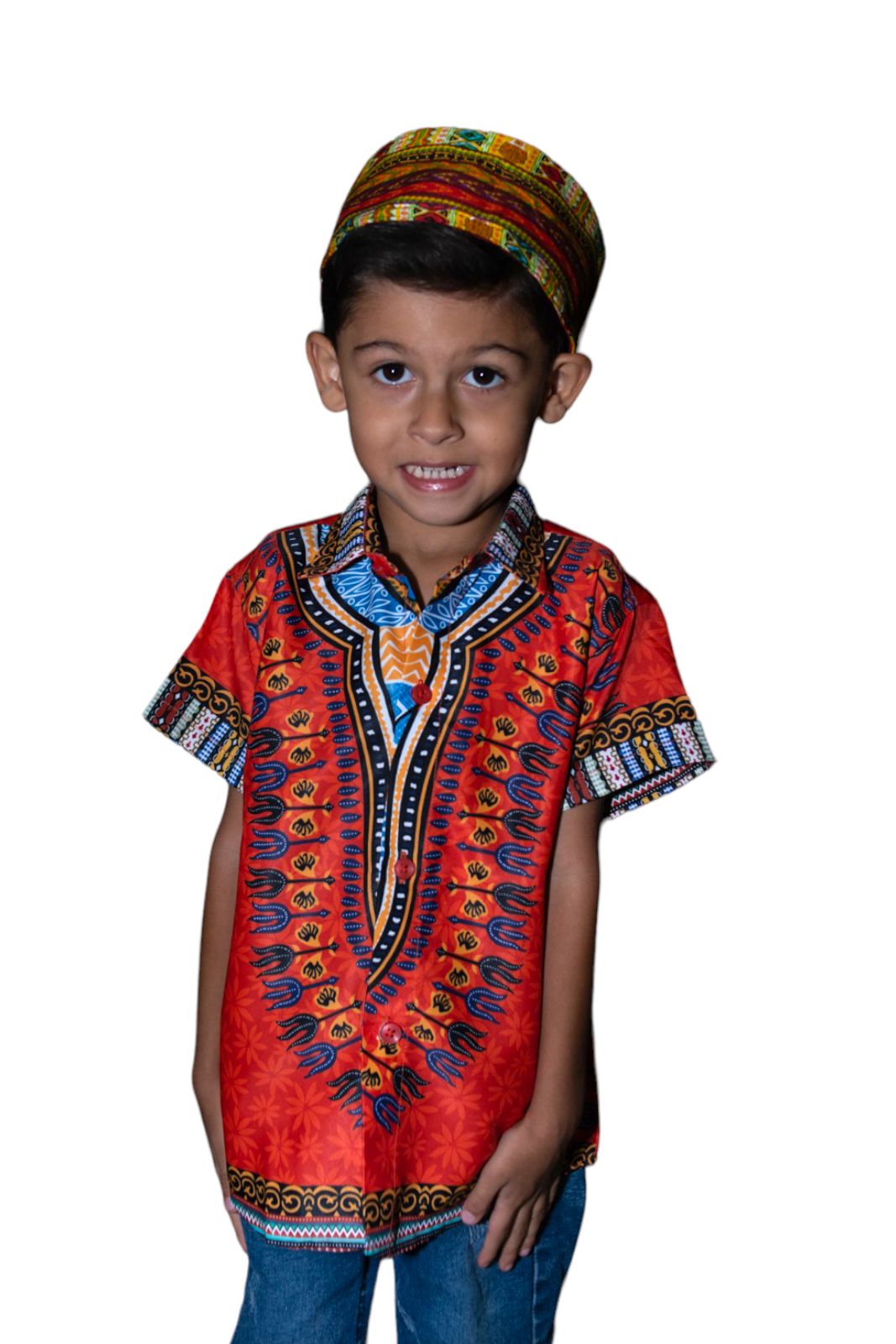 Oferta Combo Camisa de Botones Afrodescendiente Naranja de Niño + Sombrero (Kufi) Combinado