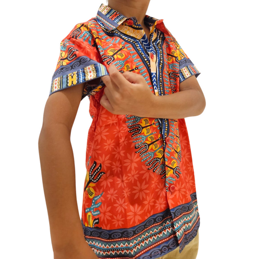 Camisa de Niño de Botones con Estampado Afrocaribeño Rojo