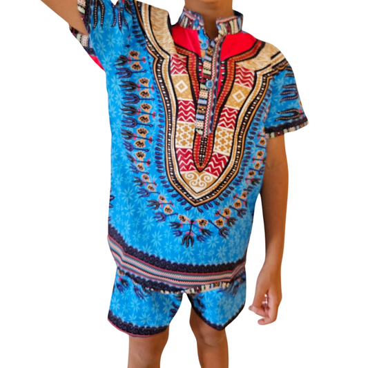 Oferta Combo Camisa Dashiki Afrodescendiente Azul de Niño + Short