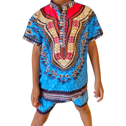 Oferta Combo Camisa + Short + Kufi Combinado. Conjunto Azul Afrodescendiente