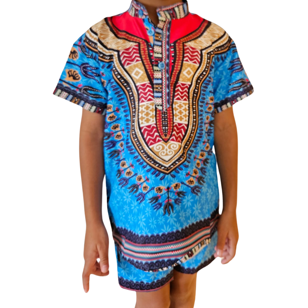 Oferta Combo Camisa + Short + Kufi Combinado. Conjunto Azul Afrodescendiente