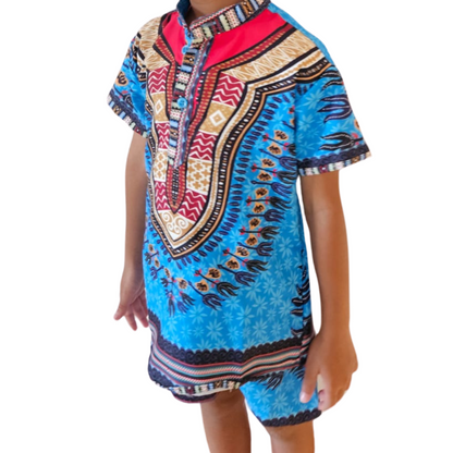 Oferta Combo Camisa + Short + Kufi Combinado. Conjunto Azul Afrodescendiente